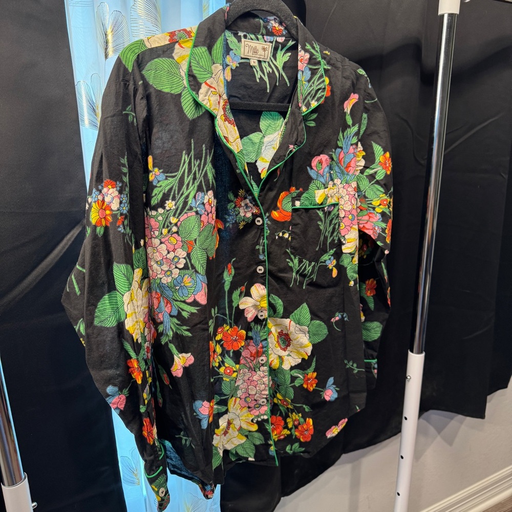 Black Floral Button-Down Shirt with Green Accents